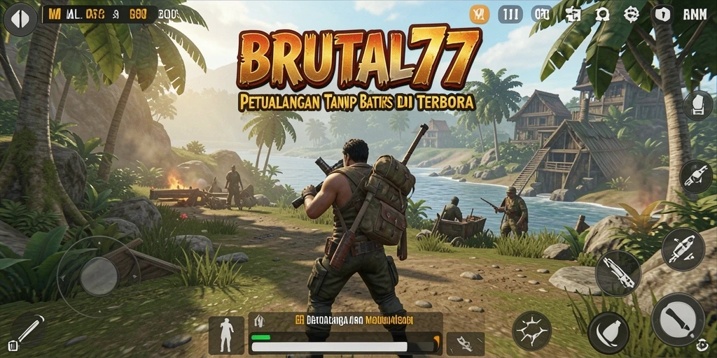 Tangkapan layar utama gameplay BRUTAL77 dengan pemandangan dunia terbuka