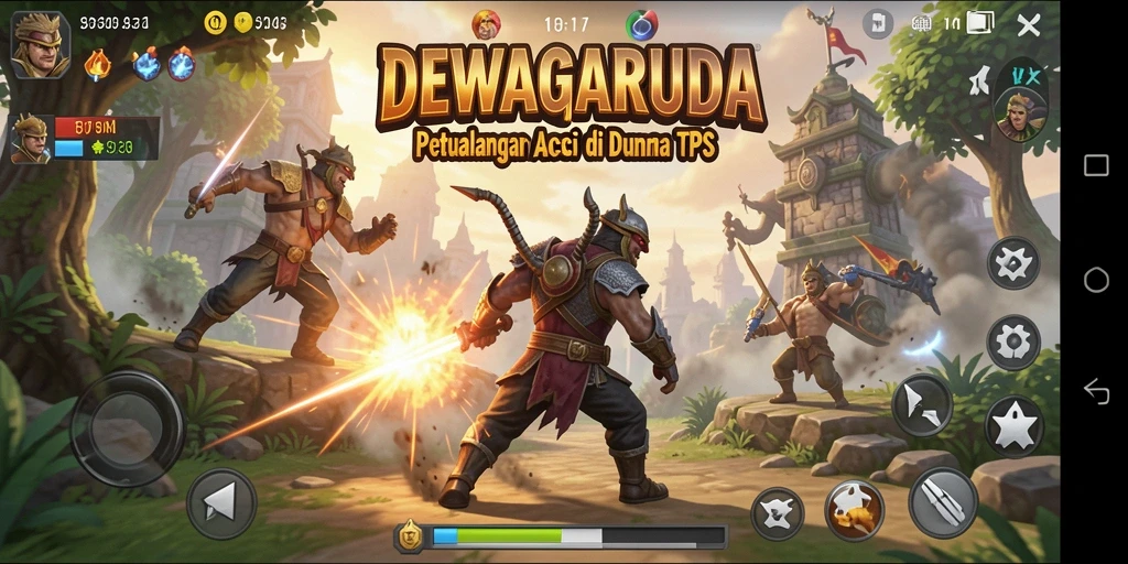 Tampilan aksi seru dalam DEWAGARUDA dengan berbagai karakter dan senjata.