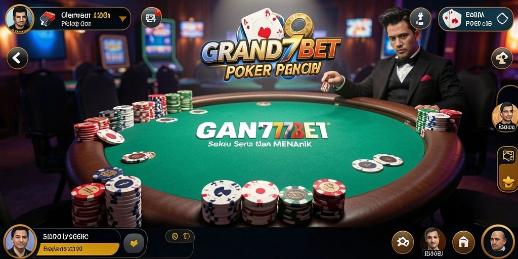 Menampilkan antarmuka gameplay poker yang menarik di GRAND77BET.