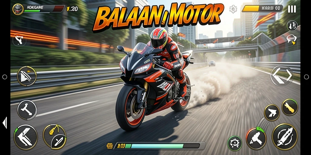 Tampilan gameplay HOKIGAME dengan aksi balap motor yang cepat