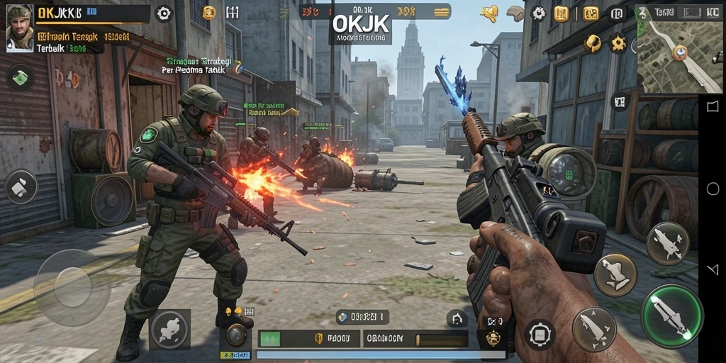 Screenshot gameplay OKJK menampilkan pertarungan strategi di arena yang menegangkan.