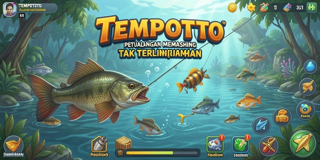 Screenshot TEMPOTOTO menampilkan pemain sedang memancing di danau yang indah.